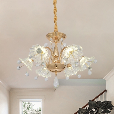 Clear Textured Crystal Flower Chandelier Contemporary 6 Lights Dining Room Hanging Lamp in Gold