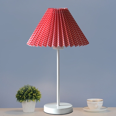 Cone Night Table Lamp Minimalism Pleated Paper 1 Light Red/Yellow Desk Lighting with Plaid Pattern