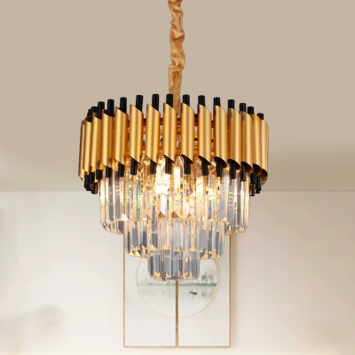 Contemporary Tiered Chandelier Crystal Rectangle 4/6-Bulb Living Room Suspension Lighting Fixture in Gold