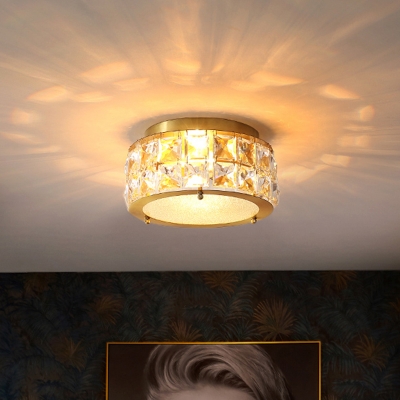 Crystal Rectangle Drum Flush Light Modern Style 2 Heads Ceiling Flush Mount in Brass for Hallway
