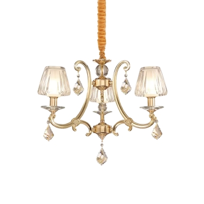 Curved Arm Metal Ceiling Chandelier Traditional 3-Bulb Parlour Pendant Lamp in Gold/Chrome with Cone Crystal Shade