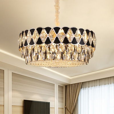 Drum Dining Room Pendant Light Modernist Cut Crystal 12-Light Black Chandelier Lamp