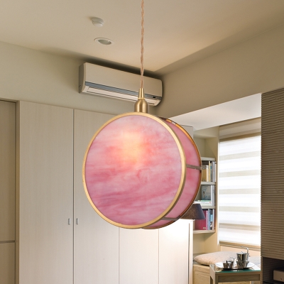 Drum Sleeping Room Ceiling Pendant Blue/Pink Glass 1 Head Modern Style Pendulum Light in Gold