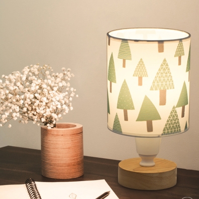 Fabric Cylinder Night Lamp Modernist Single Bulb Table Light with Tree/Fish/Cactus Pattern in White