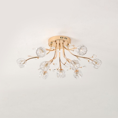 Gold Ball Semi Flush Mount Light Contemporary 9 Lights Clear Crystal Ceiling Lighting for Bedroom