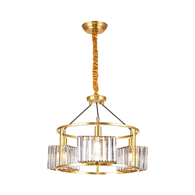 Gold Drum Frame Chandelier Postmodern Crystal Prism 3-Light Dining Room Hanging Lamp