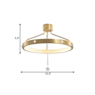 Metal Ring LED Close to Ceiling Lighting Modern Semi Flush Mount in Gold with Crystal Drop, 15.5