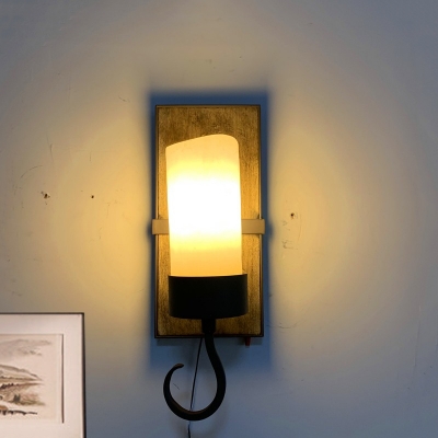Milk Glass Pillar Candle Sconce Light Rural 1 Bulb Corridor Wall Mount Lamp with Hook in Brown