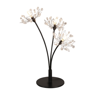 Modernist Dandelion Table Lamp 3-Head Crystal Nightstand Lamp in Black for Bedroom