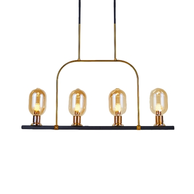 Oblong Shade Island Light Fixture Modernist Amber Glass 4-Head Dining Room Pendant in Black and Gold