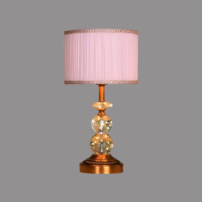 Pleated Lampshade/Drum Fabric Night Lamp Country Style 1-Light Bedside Nightstand Light in Pink/Coffee/Beige