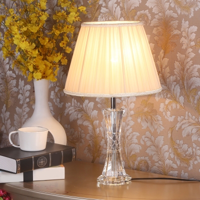 Pleated Lampshade Fabric Night Table Light Country Style 1 Head Bedroom Crystal Nightstand Lighting in Beige