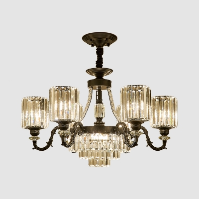 Prismatic Crystal Cylinder Up Chandelier Retro 3/6 Bulbs Dining Room Hanging Light Fixture in Black