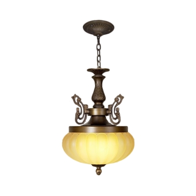 Pumpkin Restaurant Ceiling Pendant Vintage Ribbed Frosted Glass 3-Head Brown Hanging Light