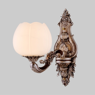 Retro Flowerbud Wall Light Fixture 1/2-Light Ivory Glass Sconce Lighting in Coffee for Living Room