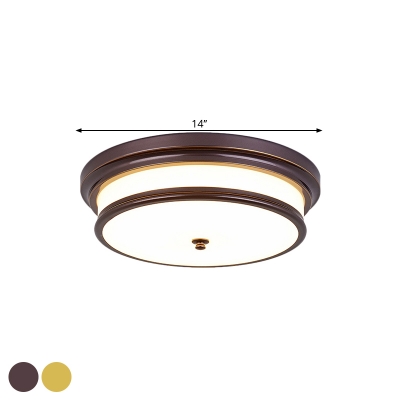 Rustic Drum Ceiling Light Opaline Glass LED Flush Mount Lighting in Black/Gold, 14