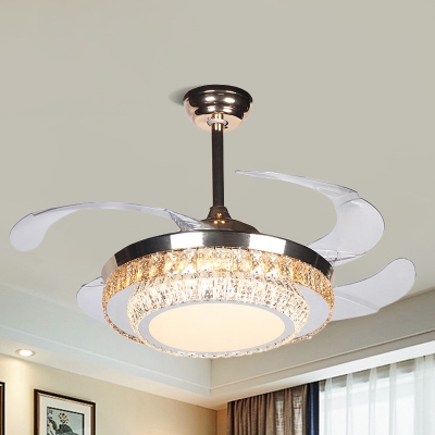 Silver Circular LED Hanging Lamp Kit Modern Crystal Rectangle Pendant Light Fixture with 4 Blades, 42