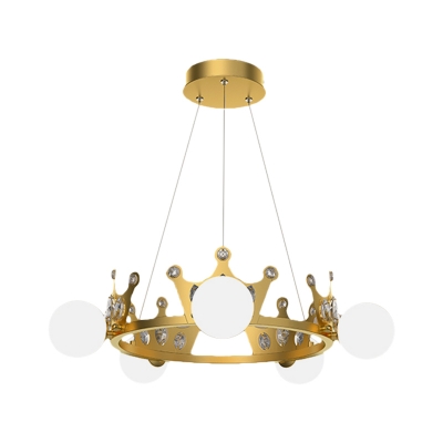 Spherical Opal Glass Ceiling Lamp Nordic 5/8 Lights Gold Hanging Chandelier with Crown Design
