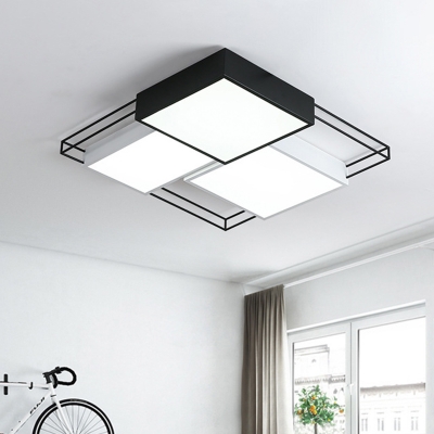 Square Living Room Semi Flush Chandelier Metal LED Modern Flush Light Fixture in Black-White, 18