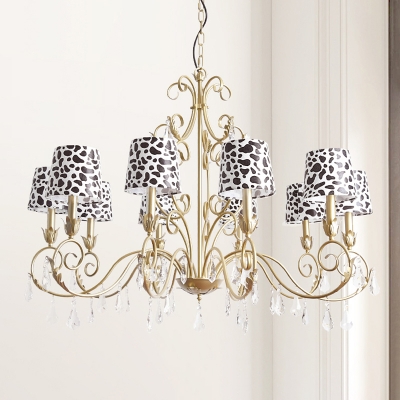Traditional Candelabra Pendant Chandelier 6/8/10 Lights Metallic Hanging Lamp Kit in Gold with Leopard Print Fabric Shade