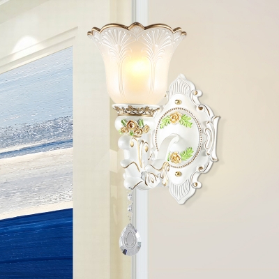 White 1/2 Head Wall Sconce Traditional Cream Glass Floral Shade Up Wall Mounted Light Fixture