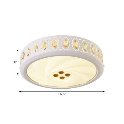White Drum LED Flushmount Nordic Iron Bedroom Ceiling Mount Light with Inserted Crystal, 16.5