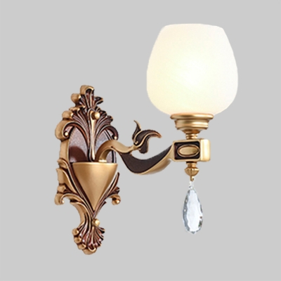 Wine Cup Milk Glass Wall Lighting Retro 1/2-Bulb Bedroom Wall Mount Lamp in Brass with Crystal Drop