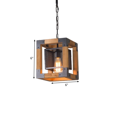 Wood Cube Frame Drop Pendant Industrial 1 Head Restaurant Ceiling Suspension Lamp with Metal Mesh Shade Inside