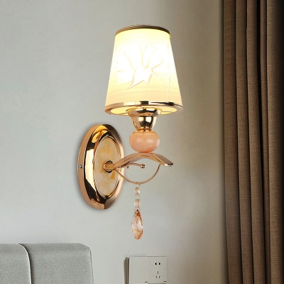 1/2-Head Frosted White Glass Wall Light Modern Gold Tapered Bedside Wall Sconce Lighting Fixture