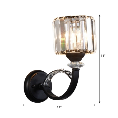 1-Bulb Bedside Wall Mount Lighting Modern Style Black with Column Rectangle-Cut Crystal Shade