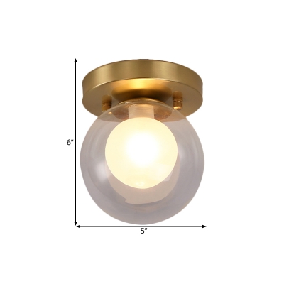 1-Bulb Ceiling Mounted Fixture Colonial Style Double Global Shade Clear and Opal Glass Flushmount in Brass