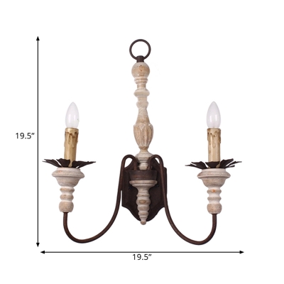 2-Bulb Swag Sconce Light Fixture Rural Rust Iron Wall Lamp with Wood Candle Design