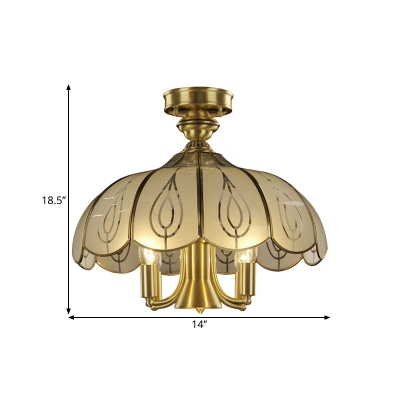 4-Bulb Semi Flush Mount Colonial Domed Frosted Glass Flushmount Ceiling Lamp in Brass