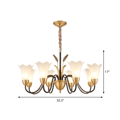 6/8-Light Flower Up Chandelier Traditional Black-Gold Frosted White Glass Hanging Lamp for Bedroom