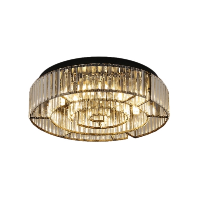 6-Head Bedroom Flush Light Fixture Modern Black/Gold LED Ceiling Lamp with Circular Faceted Crystal Shade