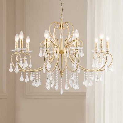 8/10-Bulb Scroll Arms Chandelier Classic Style Gold Metal Candle Pendulum Light with Crystal Droplets