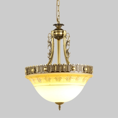 Antiqued Bell Drop Pendant 1-Bulb Ivory Glass Hanging Ceiling Light in Beige/Brass for Corridor, 12