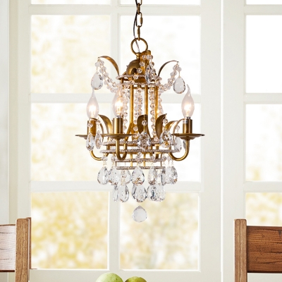 Antiqued Candle Pendant Lighting 4 Bulbs Metal Hanging Chandelier in Gold with Crystal Draping