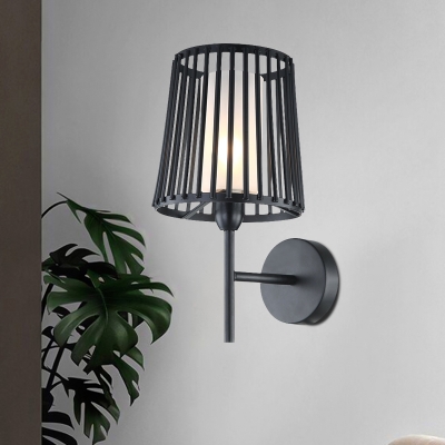 Black 1 Bulb Wall Lamp Fixture Industrial Opal Glass Cylinder Wall Light with Conical Metal Cage Design