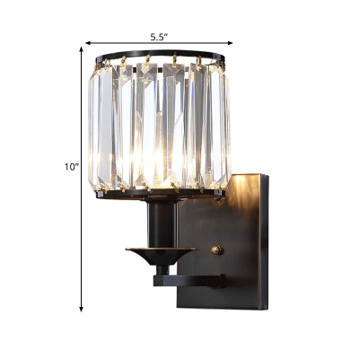 Black Cylinder Wall Light Sconce Modern Rectangle Crystal 1-Bulb Wall Mount Lamp with Candle Design
