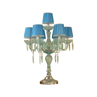 Blue Pleated Lampshade Table Lighting Rustic Fabric 5/6/7 Bulbs Study Room Nightstand Lamp
