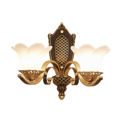 Brass 2-Head Wall Mount Lamp Traditional Opal Frosted Glass Floral Wall Sconce Light