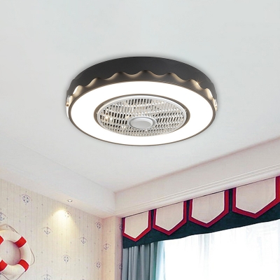 Circle Metal Ceiling Fan Light Macaron White/Black/Pink LED Semi Flush Mount Lamp for Bedroom, 23