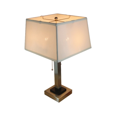 Colonial Square Desk Light LED Metallic Table Lamp in Chrome with Fabric Shade and On/Off Pull Chain