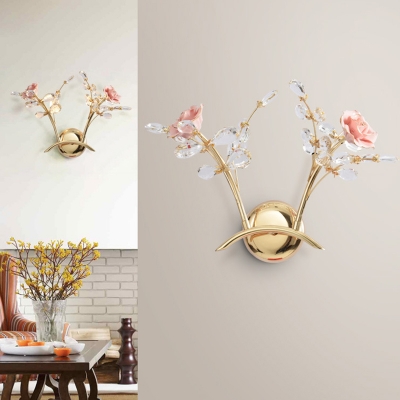 Contemporary 2 Lights Wall Sconce Lighting with Hand-Cut Crystal Shade Gold Blossom Wall Lamp