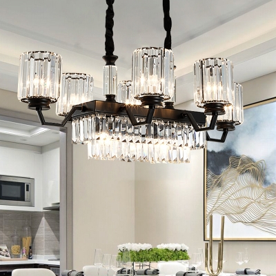Contemporary 9 Lights Island Chandelier with Clear Crystal Shade Black Cylinder Hanging Pendant Light