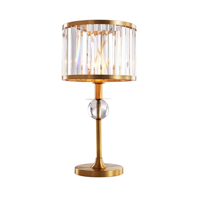 Contemporary Drum Night Table Lamp Clear Crystal Block LED Bedside Desk Light in Brass for Study Room