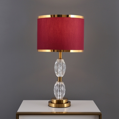 Crystal Oval Night Lighting Traditional 1-Light Bedroom Nightstand Lamp in Red/Beige with Drum Fabric Shade