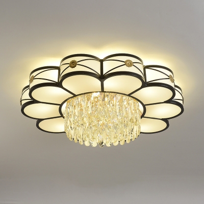 Frosted Glass Flower Ceiling Flush Modern 4/10 Bulbs Living Room Flush Light in Black with Crystal Drop, 16