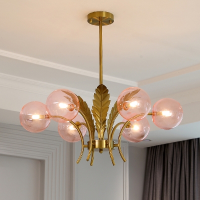 Global Living Room Hanging Light Kit White/Pink/Cognac Glass 6-Light Post Modern LED Chandelier with Leaf Deco in Brass